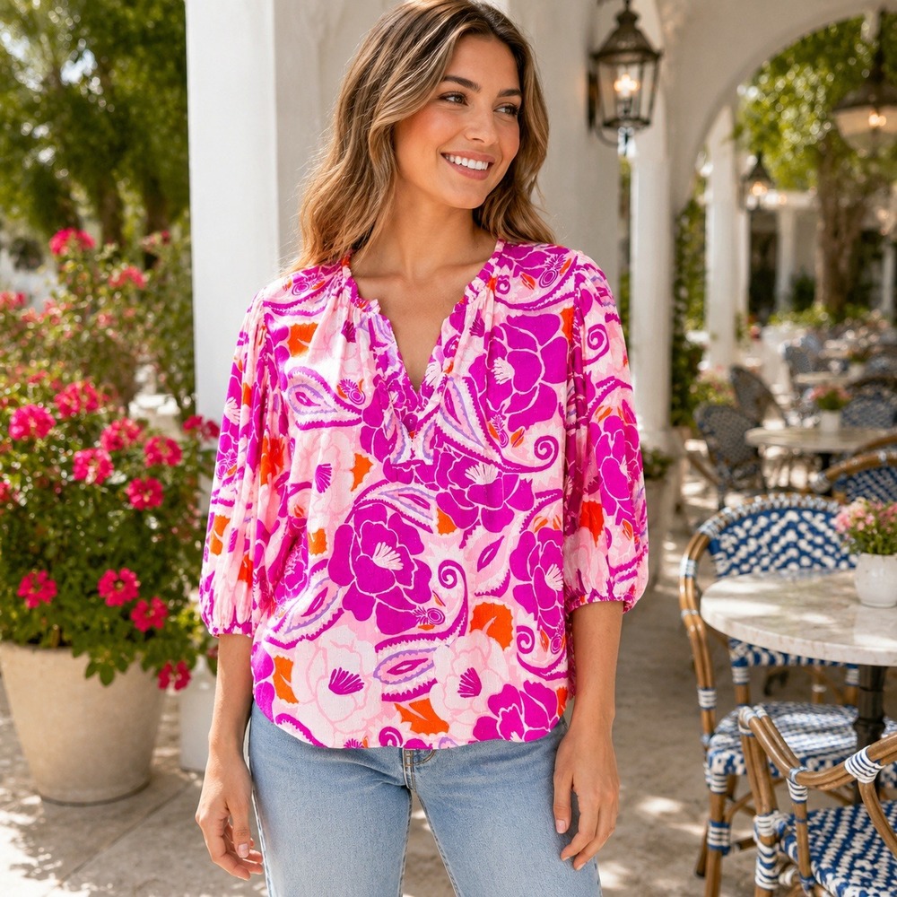 Nicole Miller New York Pink Orange Floral Paisley Puff Sleeve Peasant Blouse S